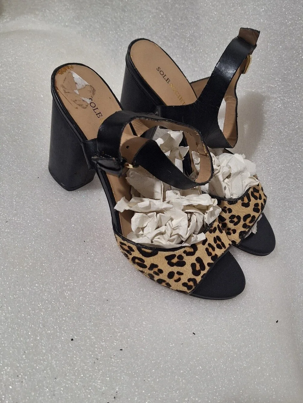 Leopard Print and Black Block Heel Sandals - Women